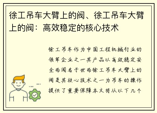 徐工吊车大臂上的阀、徐工吊车大臂上的阀:高效稳定的核心技术 徐工吊车大臂上的阀、徐工吊车大臂上的阀:高效稳定的核心技术