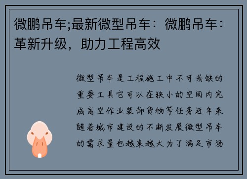 微鹏吊车;最新微型吊车:微鹏吊车:革新升级,助力工程高效 微鹏吊车;最新微型吊车:微鹏吊车:革新升级,助力工程高效